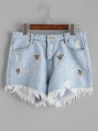 Shein Embroidery Frayed Hem Denim Shorts