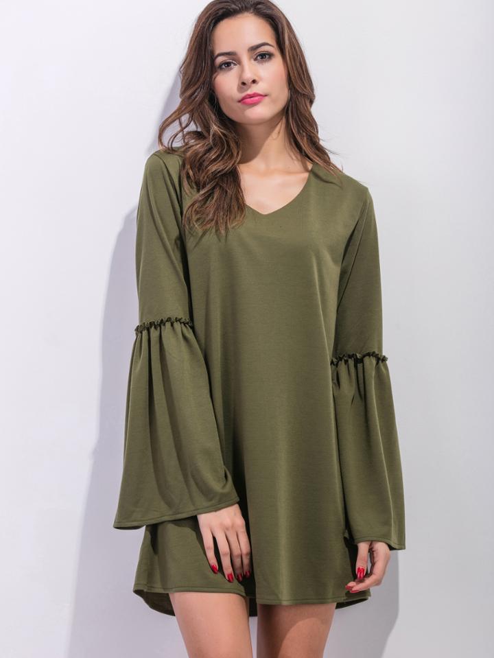 Shein Army Green V Neck Bell Sleeve Tunic Dress