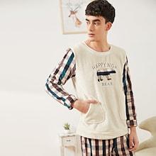 Shein Men Bear Embroidered Plush Top & Plaid Pants Pj Set