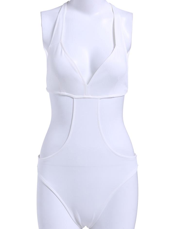 Shein White Halter Hollow Sexy Swimwear