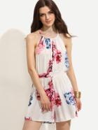 Shein White Halter Neck Random Floral Print Lace Insert Romper