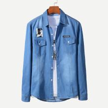 Shein Men Figure Print Patched Denim Shirt