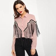 Shein Contrast Fringe Embellished Curved Hem Blouse
