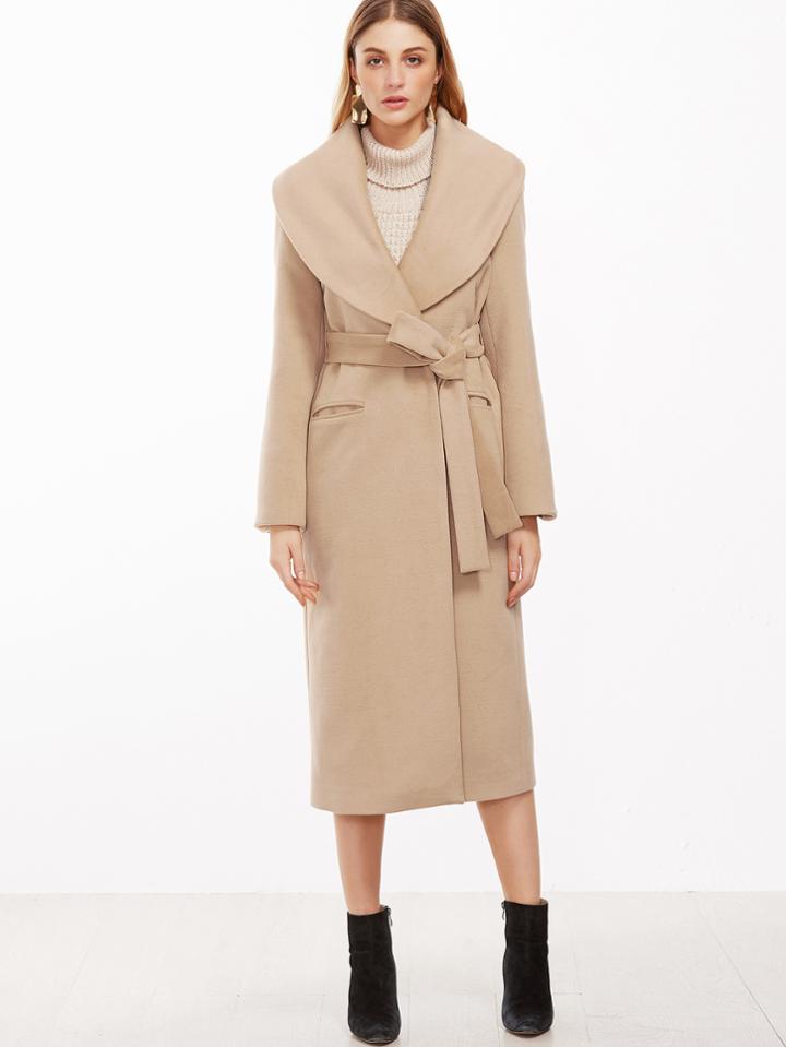 Shein Khaki Oversized Shawl Collar Wrap Coat