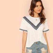 Shein Embroidered Tape & Tassel Embellished T-shirt