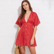 Shein Plunging Neck Flutter Sleeve Button Front Dress