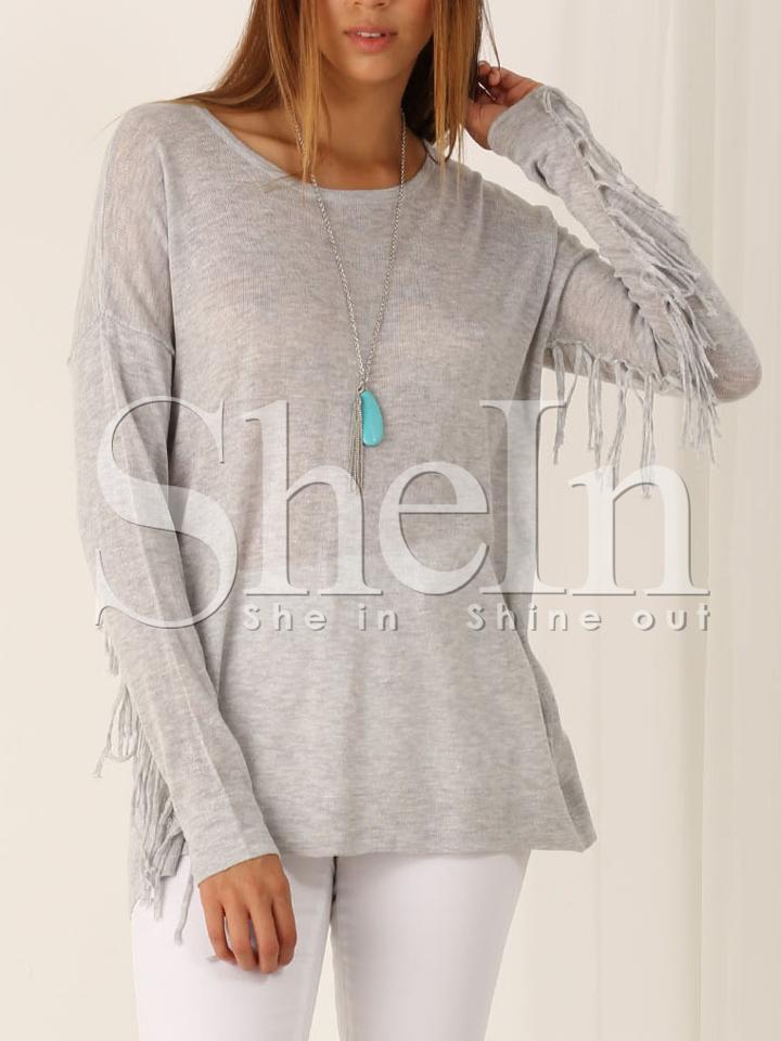 Shein Grey Round Neck Tassel T-shirt