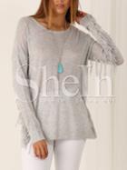 Shein Grey Round Neck Tassel T-shirt