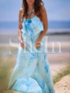 Shein Blue Spaghetti Strap Ruffle Bohemian Maxi Dress