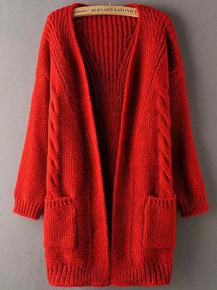 Shein Red Long Sleeve Pockets Cable Knit Sweater Coat