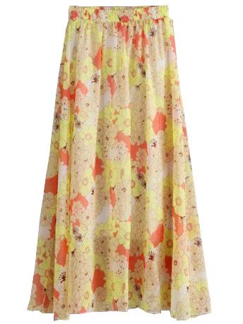 Shein Yellow Chrysanthemum Print Chiffon Skirt With Elastic Waist