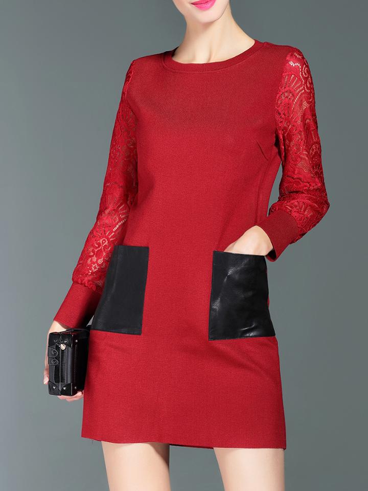 Shein Red Contrast Lace Sleeve Pu Pockets Dress