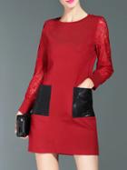Shein Red Contrast Lace Sleeve Pu Pockets Dress