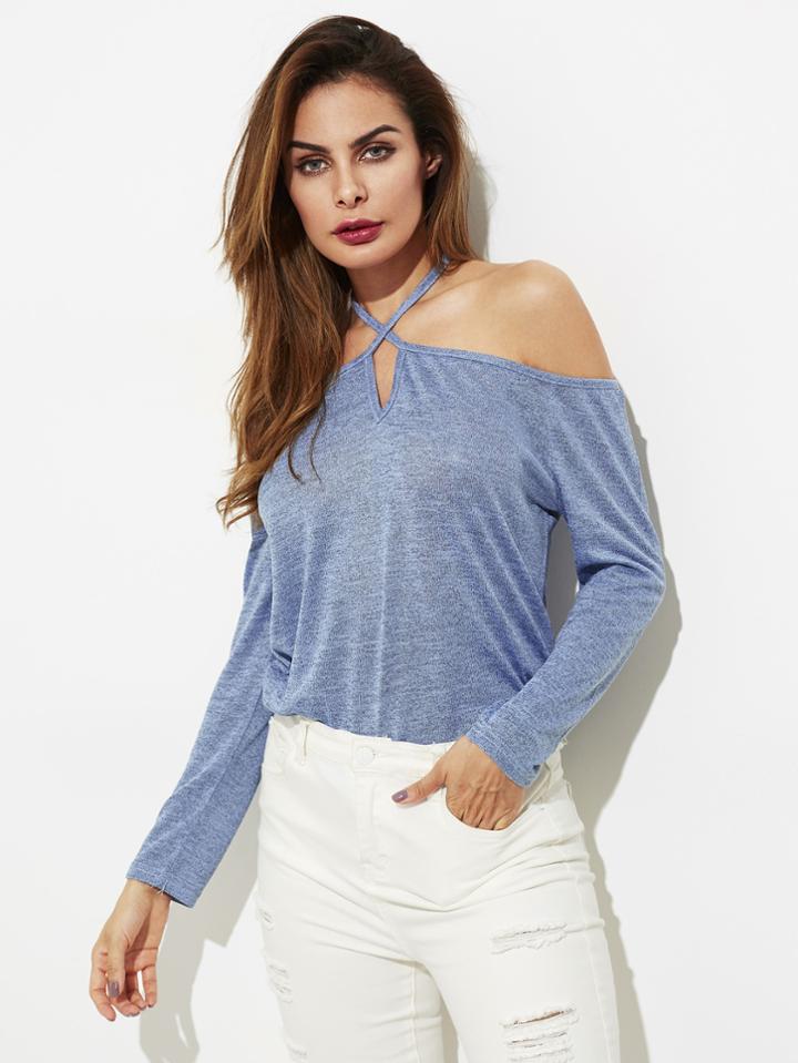 Shein V Cut Crisscross Halter Marled Tee