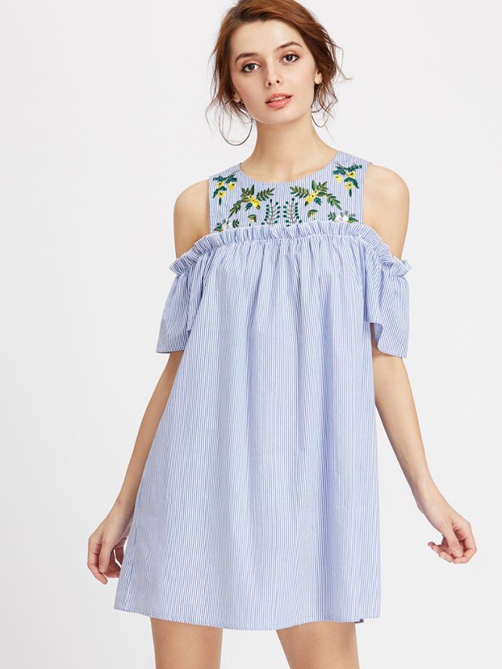 Shein Embroidered Yoke Open Shoulder Frill Detail Striped Dress
