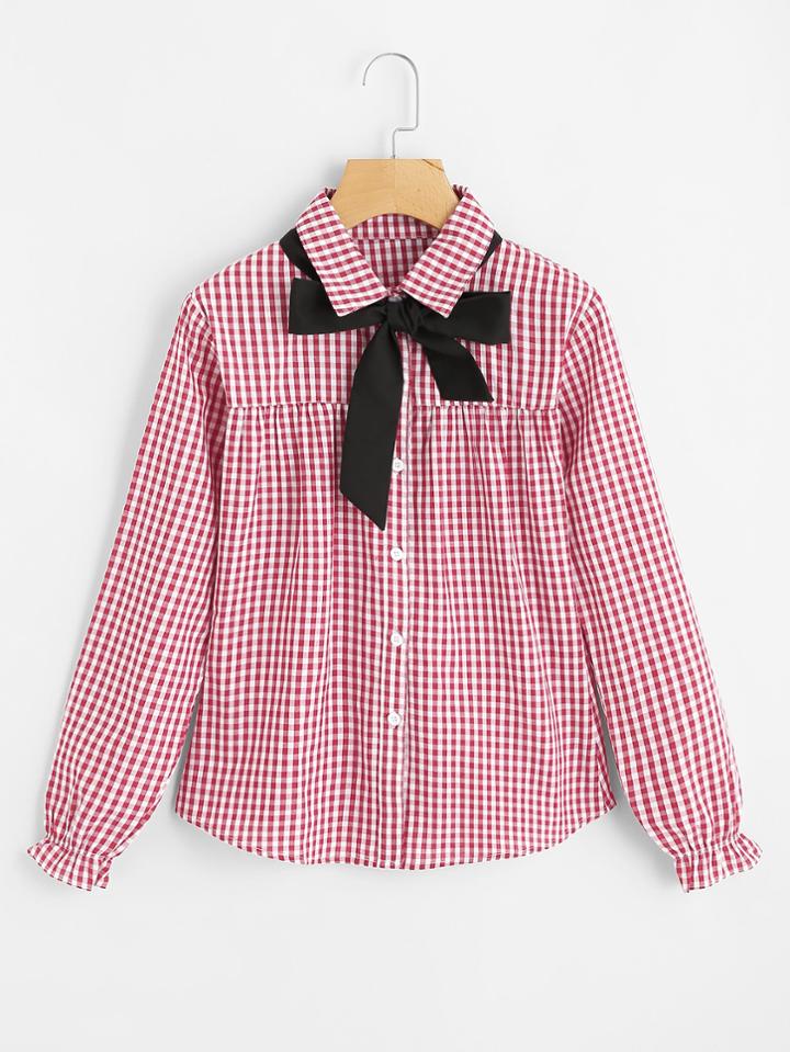 Shein Contrast Bow Tie Gingham Blouse