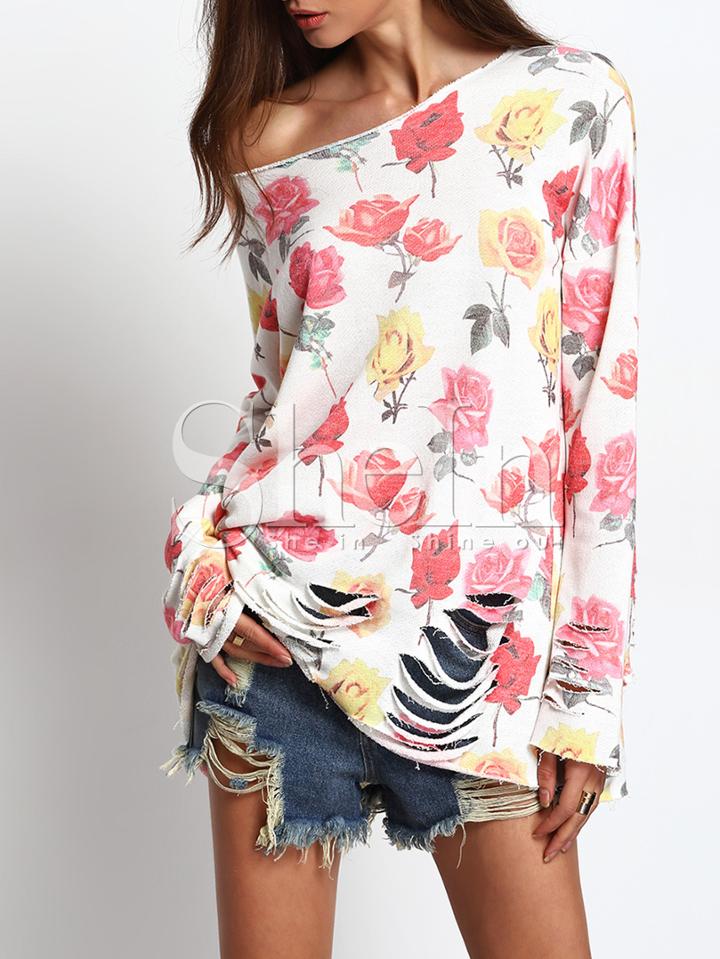 Shein Multicolor Rose Print Cut-off Blouse