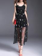 Shein Strap Backless Bowknot Insects Embroidered Dress