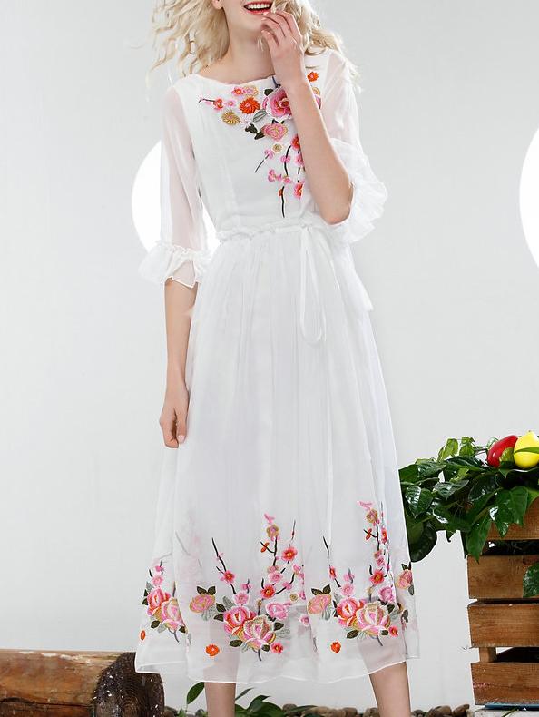 Shein White Bell Sleeve Embroidered Tie-waist Dress