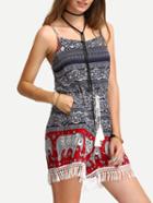 Shein Elephant Print Fringe Hem Self-tie Cami Romper