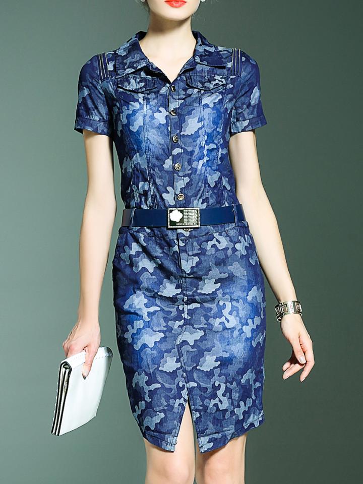 Shein Blue Lapel Belted Denim Sheath Dress