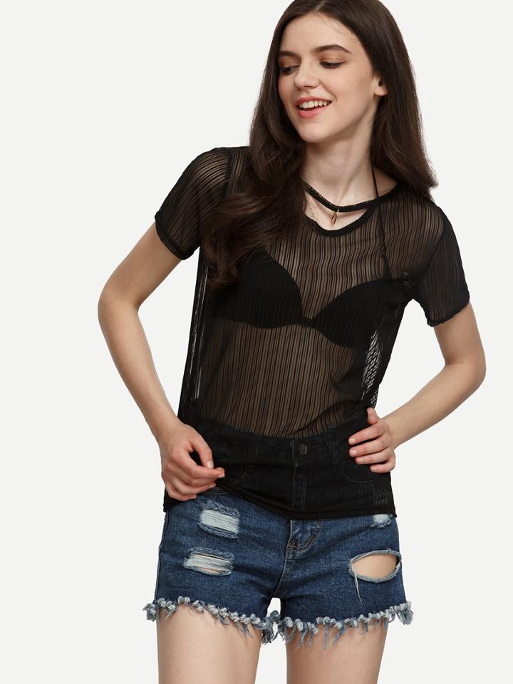 Shein Black Sheer Striped Mesh T-shirt