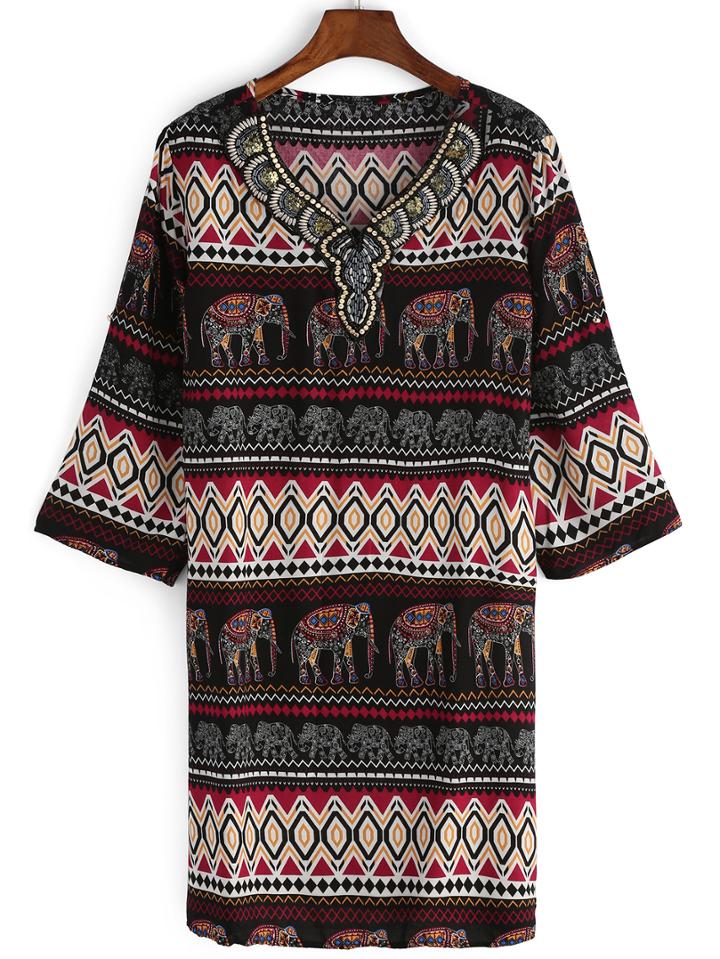 Shein Multicolor V Neck Tribal Print Straight Dress