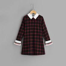 Shein Girls Contrast Collar Bell Cuff Plaid Dress