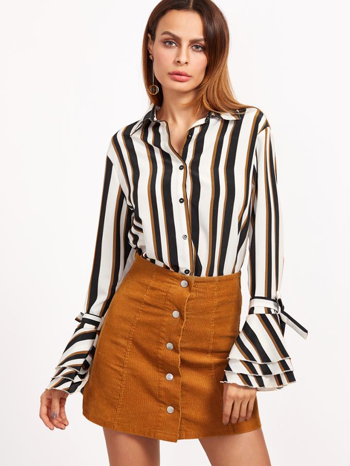 Shein Vertical Striped Belted Bell Sleeve Blouse