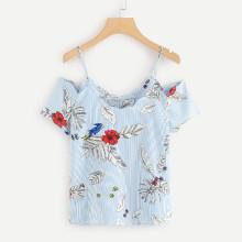 Shein Open Shoulder Floral Print Striped Top