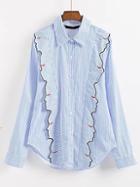 Shein Blue Embroidery Vertical Striped Blouse