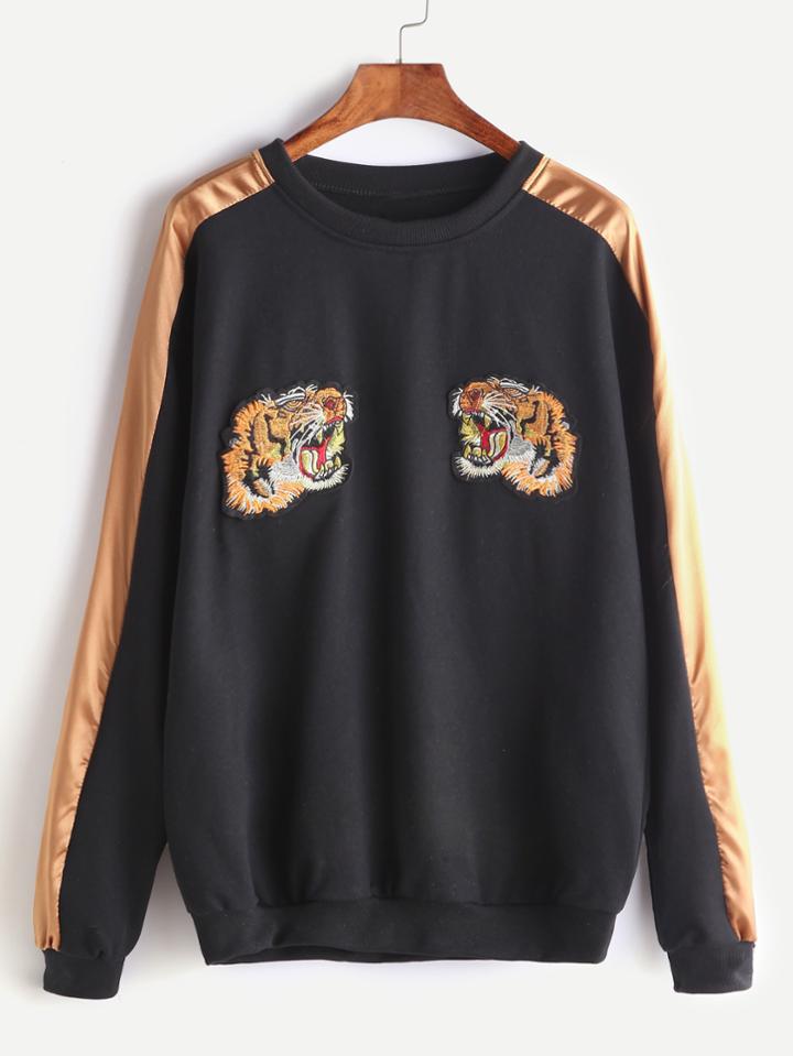 Shein Black Contrast Trim Tiger Embroidered Patches Sweatshirt