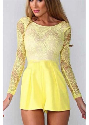 Rosewe Lace Patchwork Hollow Back Yellow Romper