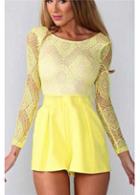 Rosewe Lace Patchwork Hollow Back Yellow Romper