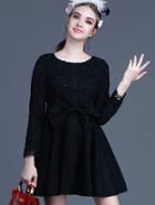 Shein Black Round Neck Long Sleeve Hollow Crochet Bow Dress