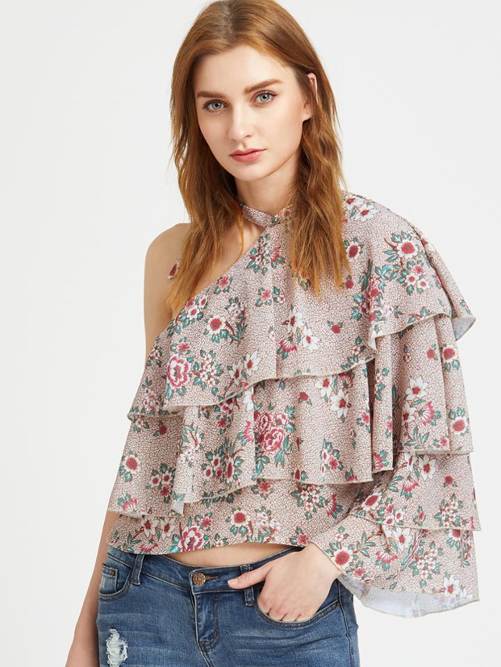 Shein Khaki One Shoulder Layered Ruffle Blouse