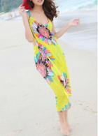 Rosewe Yellow Strap Design Flower Print Beach Dress