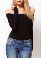 Rosewe Sexy Long Sleeve Boat Neck Solid Black Tees