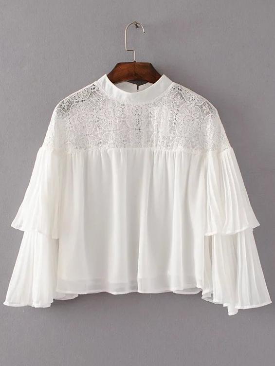 Shein White Pleated Lace Detail Layered Blouse