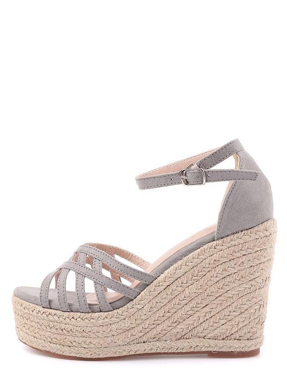 Shein Grey Peep Toe Ankle Strap Wedge Sandals