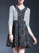 Shein Black V Neck Contrast Grey Lace Dress