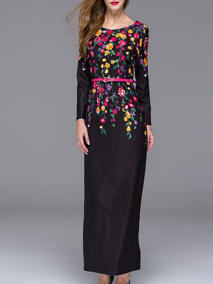 Shein Black Round Neck Long Sleeve Beading Drawstring Print Dress