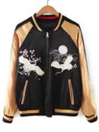 Shein Gold Crane Embroidered Zipper Up Bomber Jacket