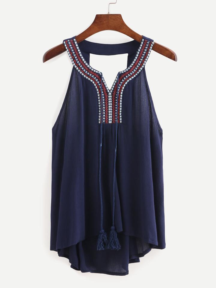 Shein Embroidered Tassel Tie-neck Cutout Top - Navy