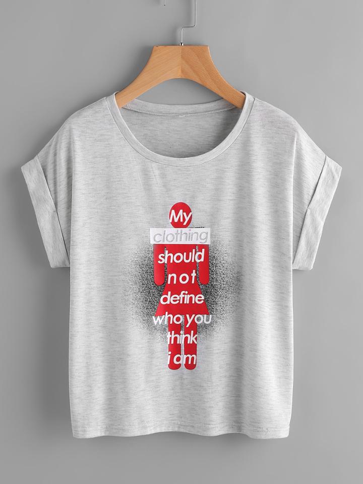 Shein Feminism Slogan Print Cuffed Tee