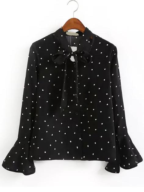Shein Bell Sleeve Polka Dot Tie Neck Blouse