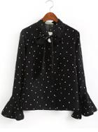 Shein Bell Sleeve Polka Dot Tie Neck Blouse
