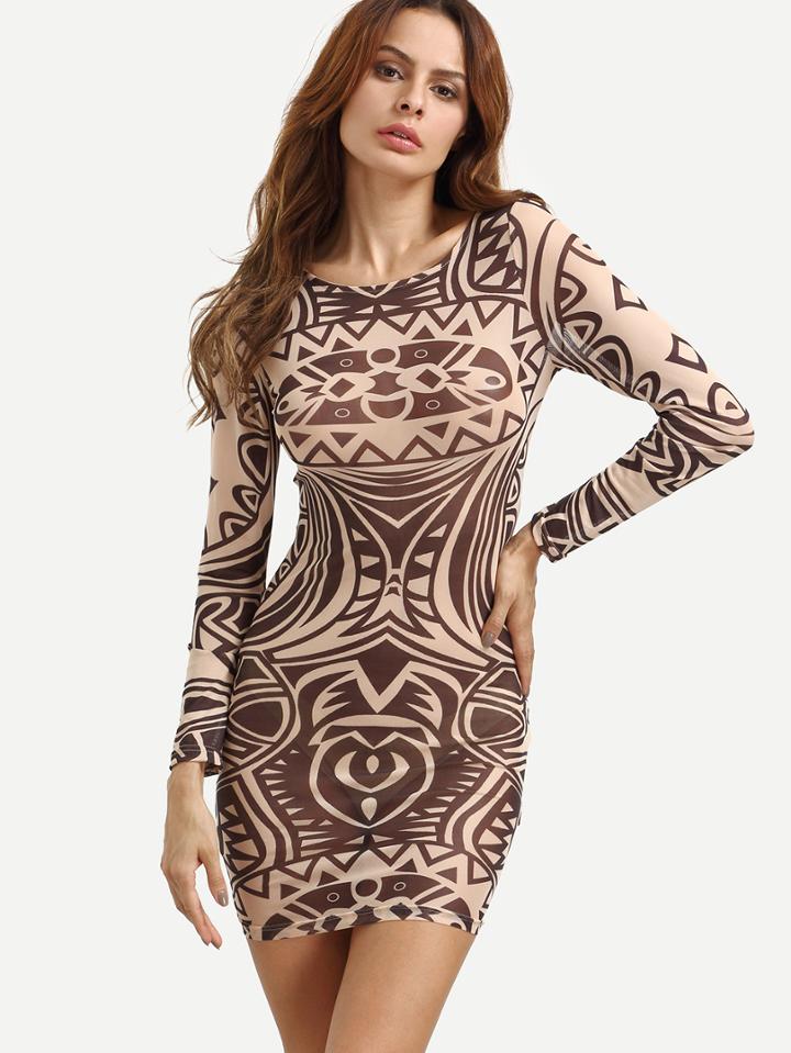 Shein Multicolor Print Long Sleeve Bodycon Dress