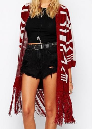 Rosewe Geometric Print Tassel Decorated Red Cardigan