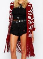 Rosewe Geometric Print Tassel Decorated Red Cardigan